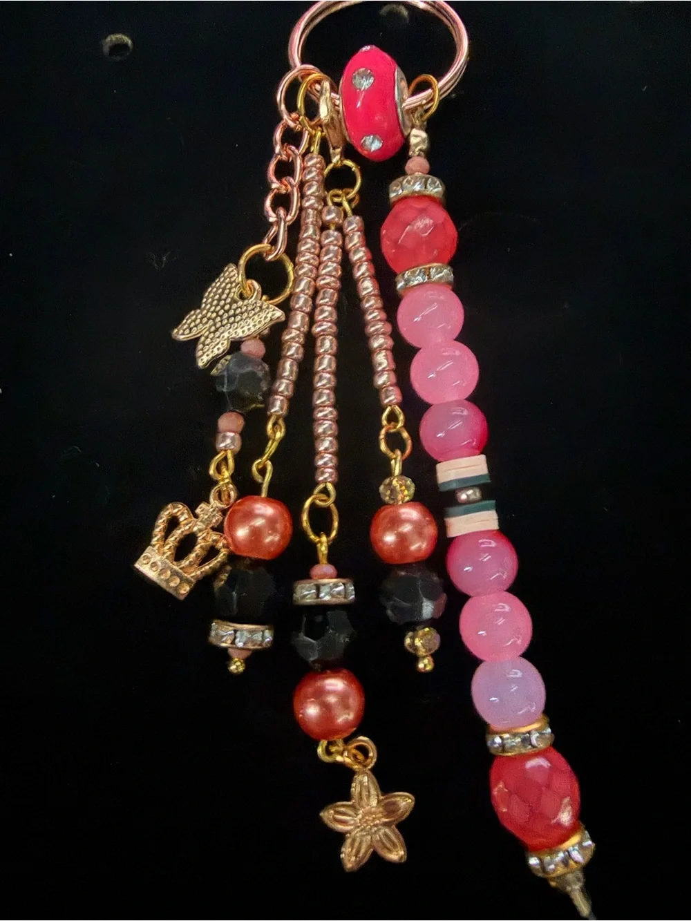 Beaded Pink & Red Charm Keychain / Bag Bling with Gold Accents
